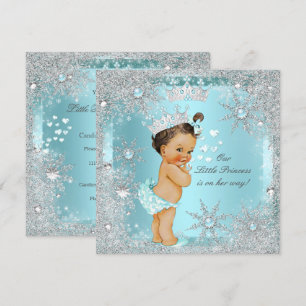 Princess Girl Baby Shower Teal Blue Heart Brunette Invitation