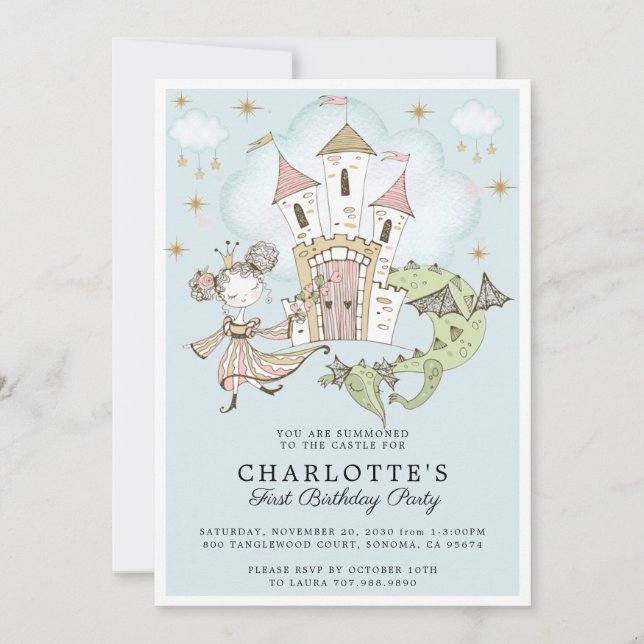 Princess Girl's Blue Gold 1st Birthday Invitation (Front)