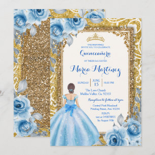 Princess Gold and Blue Rose Quinceanera Invitation