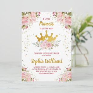 Princess Gold Crown Pink Floral Baby Shower Invitation