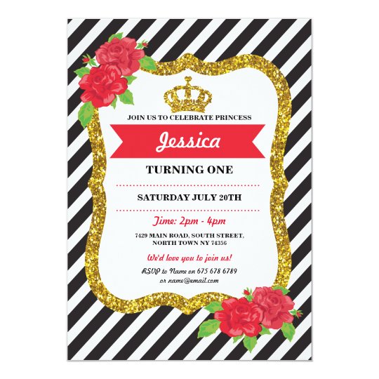 Princess Gold Crown Rose Birthday Tea Party Invite