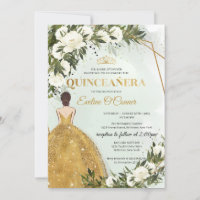 Princess gold dress greenery floral Quinceañera