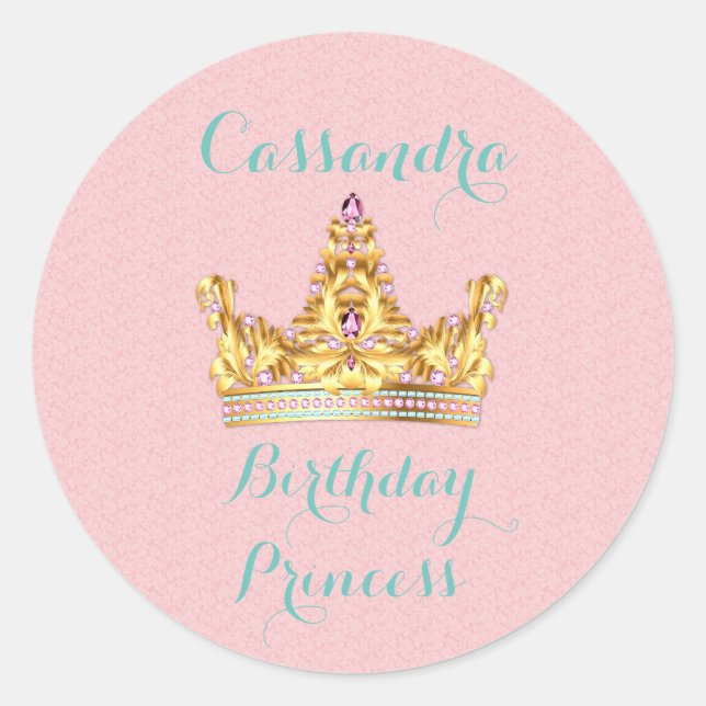 Princess Gold Jewelled Tiara Pink Damask Classic Round Sticker (Front)