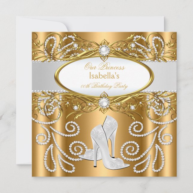 Princess Gold White Pearl Diamond High Heels Invitation (Front)