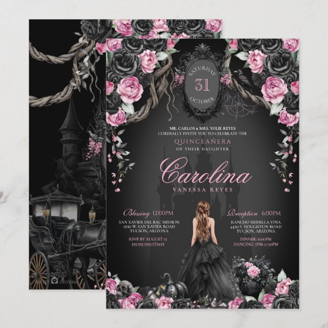 Princess Halloween Pink Black Gothic Quinceanera Invitation (Front/Back)