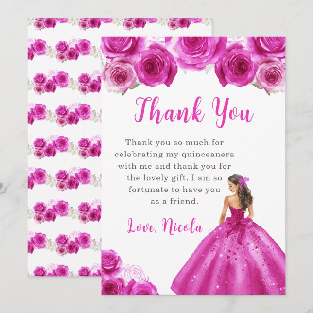 Princess in a Hot Pink Dress Quinceanera Thank You (Front/Back)