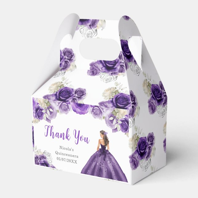 Princess in a Purple Dress Quinceanera Thank You Favor Box (Front Side)