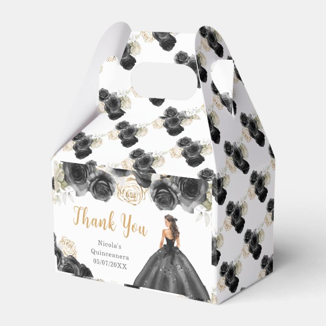 Princess in Black Dress Quinceanera Thank You Favor Box (Front Side)