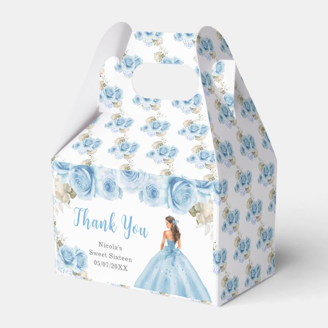 Princess in Blue Dress Sweet Sixteen Thank You Favor Box (Front Side)
