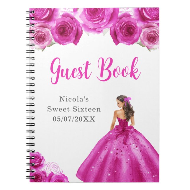 Princess in Hot Pink Dress Sweet 16 Guest Book (Front)