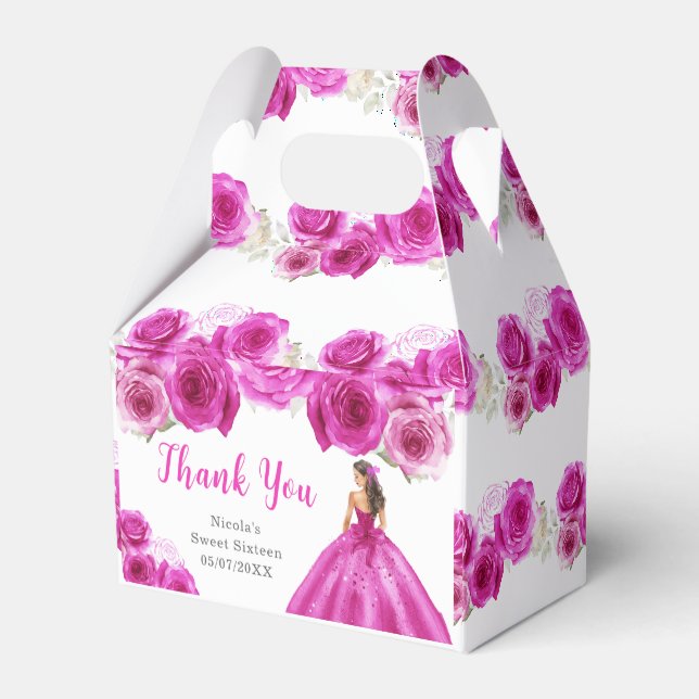 Princess in Hot Pink Dress Sweet Sixteen Thank You Favor Box (Back Side)