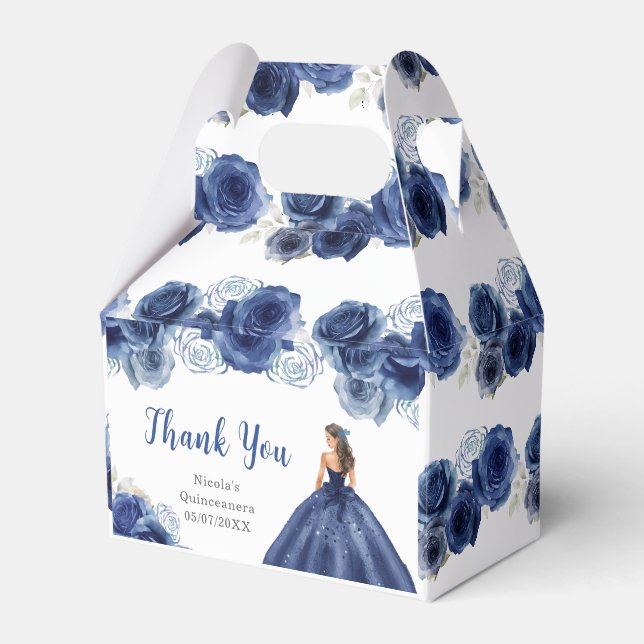 Princess in Navy Blue Dress Quinceanera Thank You Favor Box (Front Side)