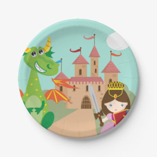 Princess in Pink Castle and Smiling Dragon Paper Plate