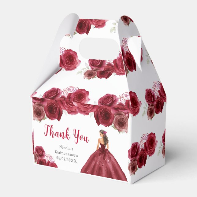Princess in Red Dress Quinceanera Thank You Favor Box (Front Side)