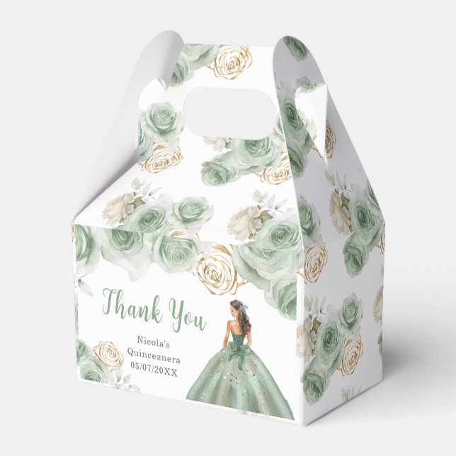 Princess in Sage Green Dress Quinceanera Thank You Favor Box (Front Side)