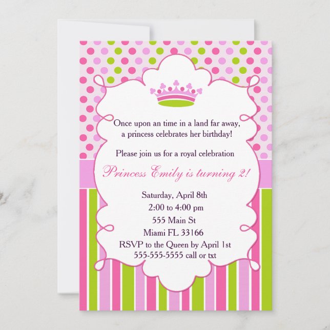 Princess Invitation Girl Birthday Party Green Pink (Front)