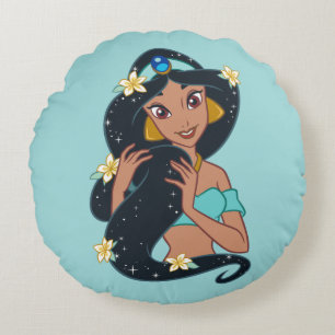 Princess Jasmine - Sparkling Hair & Blossoms Round Pillow