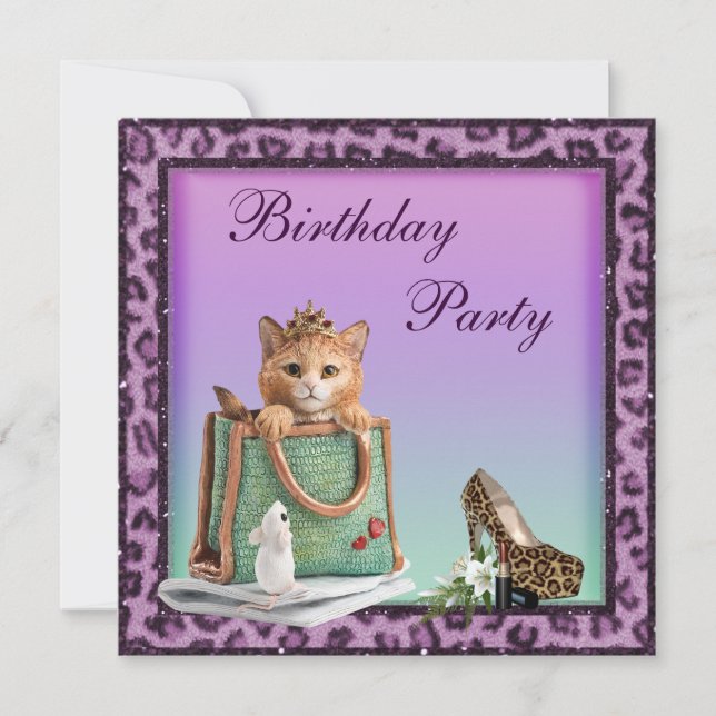 Princess Kitten Purple Faux Leopard Fur Birthday Invitation (Front)