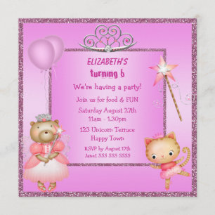 Princess Kitty & Bear, Tiara & Glitter Invites