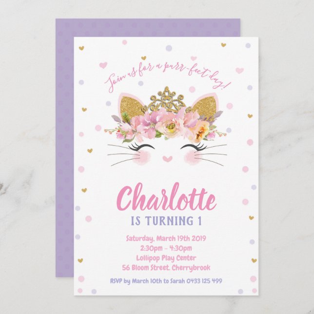 Princess Kitty Cat 1st Birthday Cute Invitation (Front/Back)