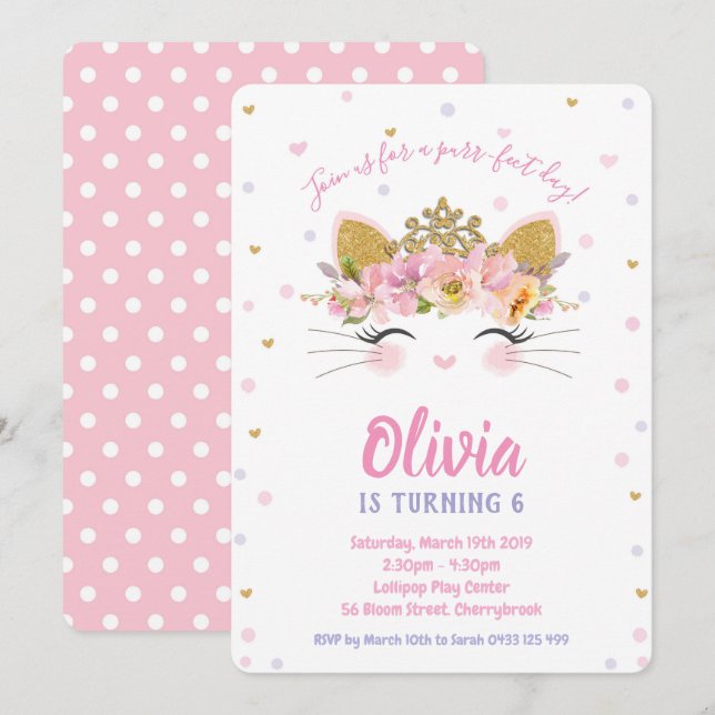 Princess Kitty Cat Birthday Party Girl Invitation (Front/Back)