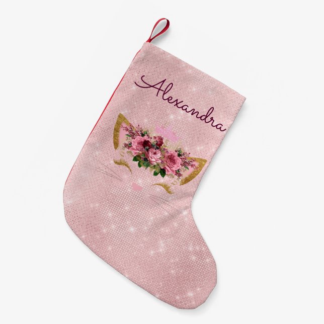 Princess Kitty Rose Gold - Blush Pink Small Christmas Stocking (Front (Hanging))