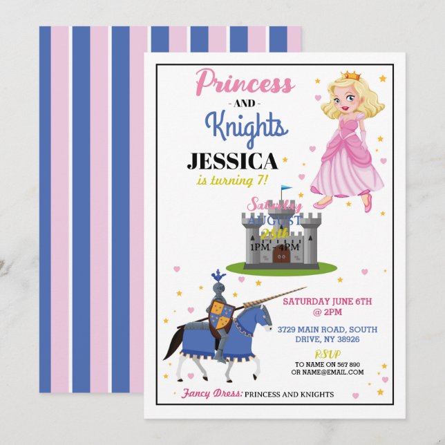 Princess & Knight Shared Girl Birthday Invites (Front/Back)