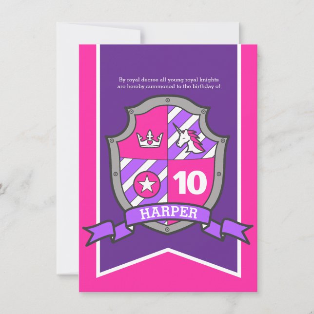 Princess knights shield kids 10th birthday invites (Front)