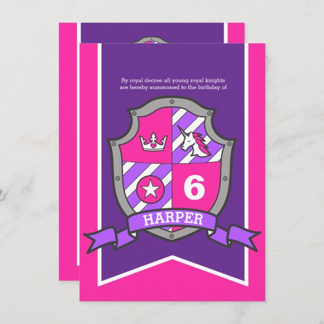Princess knights shield kids 6th birthday invites (Front/Back)