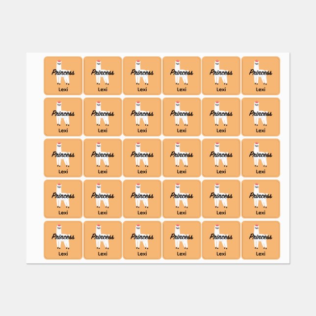 Princess Lama Design - Small Square Clothing Label (Sheet)