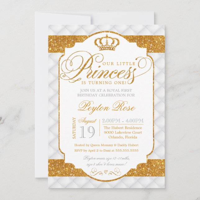Princess Luxury White Gold Birthday Invitation (Front)