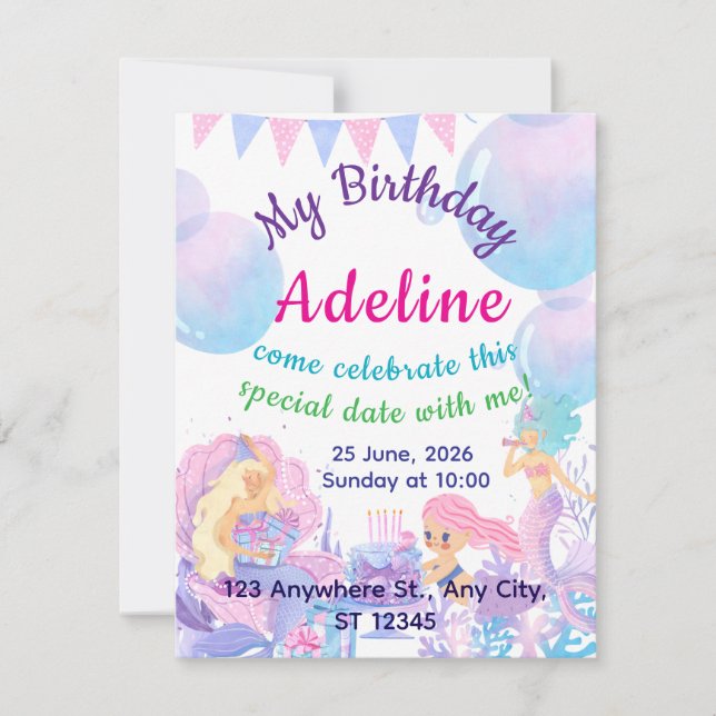 Princess & Mermaid Birthday Invitation Card (Devant)
