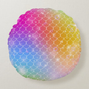 Princess mermaid with kawaii rainbow scales patter round pillow
