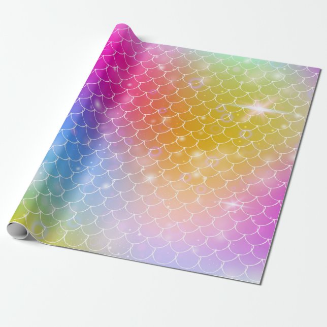 Princess mermaid with kawaii rainbow scales patter wrapping paper (Unrolled)