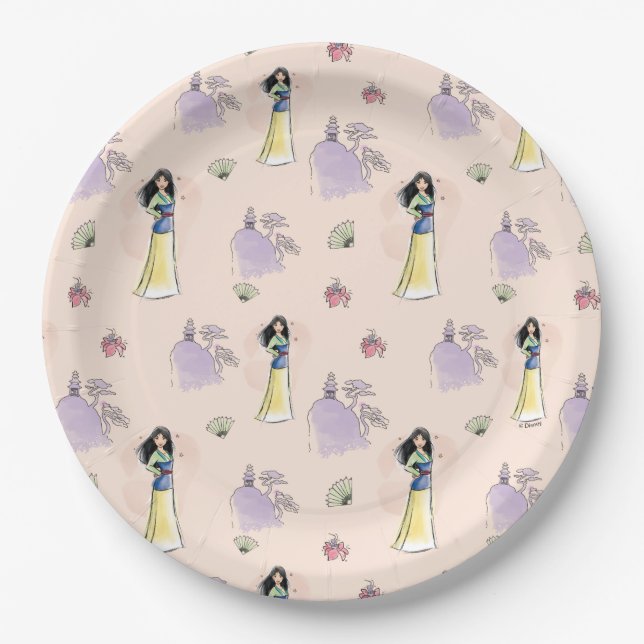 Princess Mulan | Watercolor Stripe Birthday Paper Plate (Front)