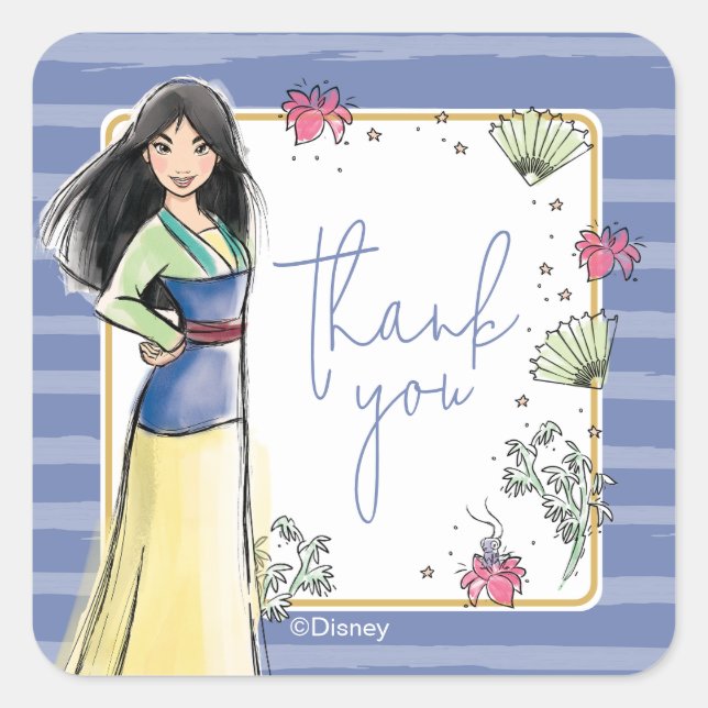 Princess Mulan | Watercolor Stripe Birthday Square Sticker (Front)