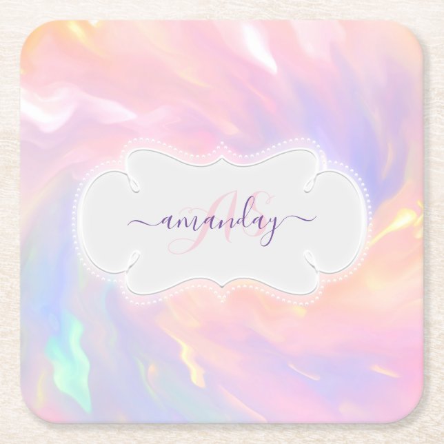 Princess Name Monogram Unicorn Quinceañera Pink Square Paper Coaster (Front)