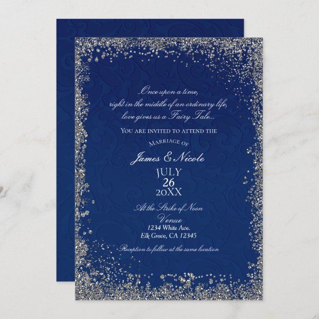 Princess Navy Blue Silver Storybook Wedding Invitation (Front/Back)