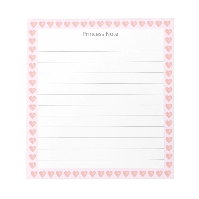 Princess Note & Coeurs roses sur Bloc-notes Lined (Devant)