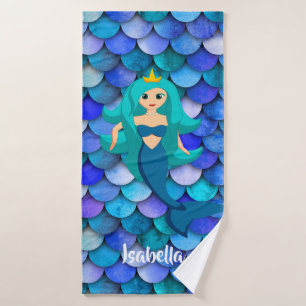 Princess on blue and purple mermaid scale pattern bath towel set