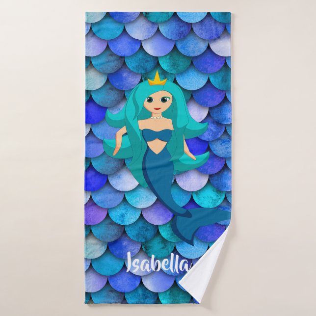 Princess on blue and purple mermaid scale pattern bath towel set (Bath Towel)