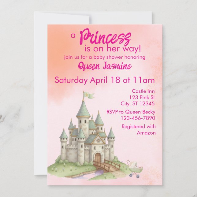 Princess on her way, castle baby shower invitation (Front)