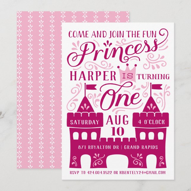 Princess Party Girl's First Birthday Invitations (Front/Back)