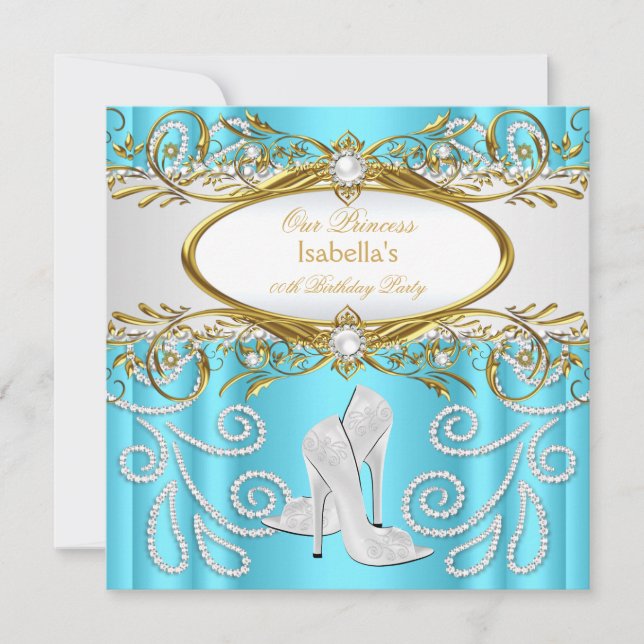 Princess Party Teal Gold White Pearl High Heels Invitation (Front)