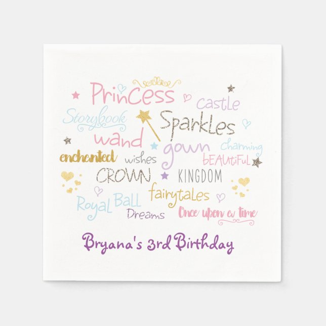 PRINCESS PARTY Words Cute Birthday Napkins (Front)