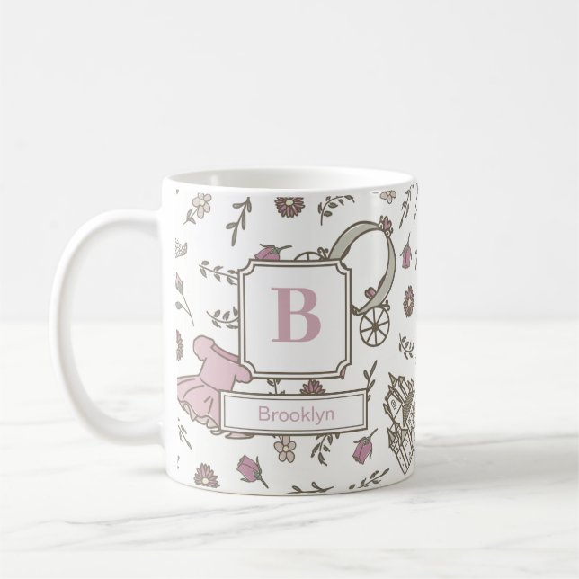 Princess Pattern Pink Monogram Coffee Mug (Left)