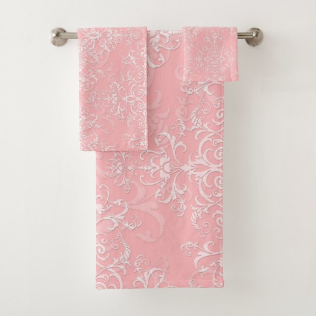 Princess Pink and White Damask  Bath Towel Set (Insitu)