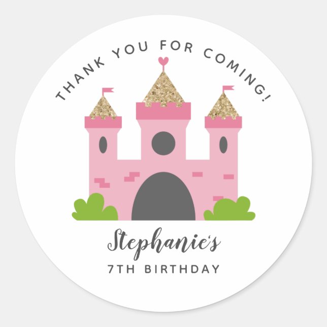 Princess Pink Castle Birthday Party Classic Round Sticker (Front)