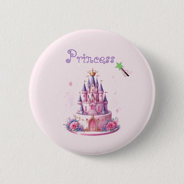 Princess Pink Castle Cake and Wand 2 Inch Round Button (Front)