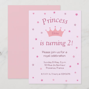 Princess Pink Crown Tiara Stars Kids Baby Birthday Invitation